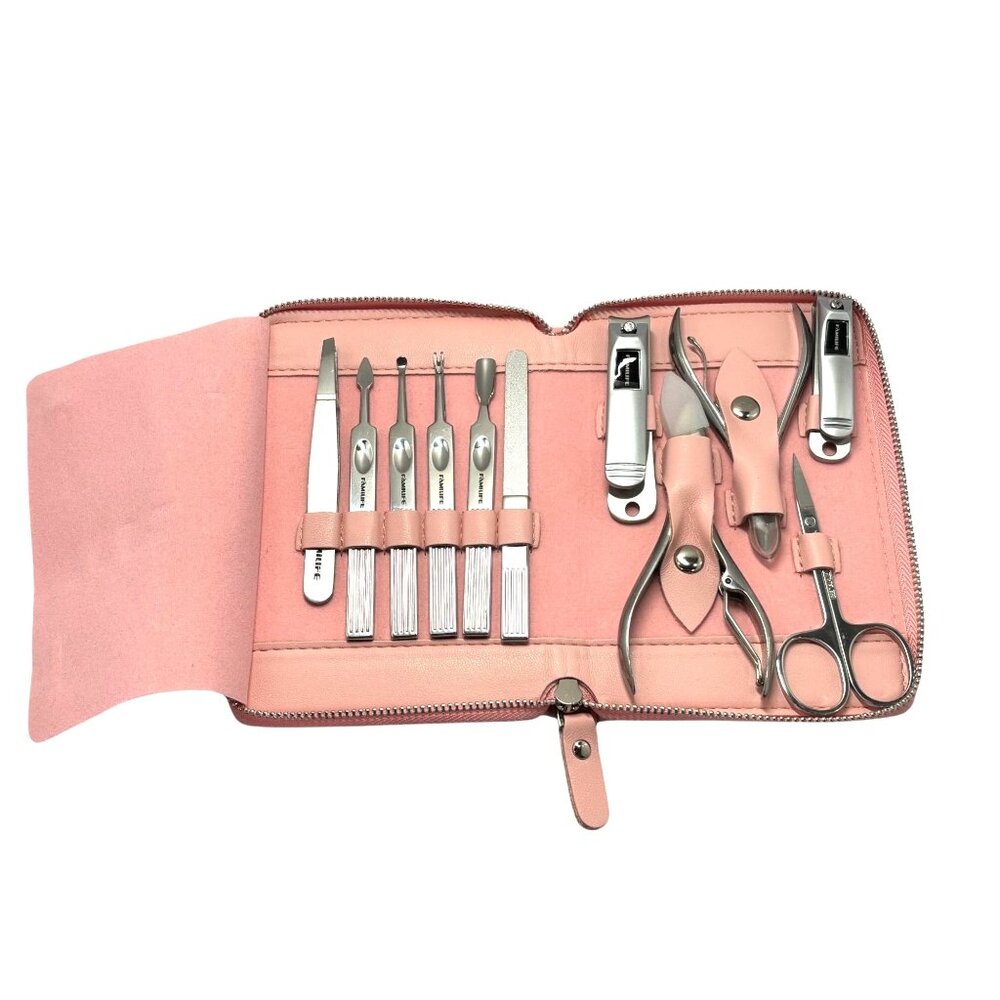 NEW Familife Manicure Pedicure Set With 11 Tools In Pink PU Leather Case